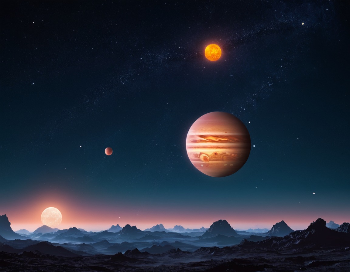 planet, gas giant, moons, starlit sky, space, stars