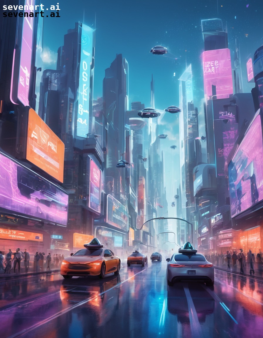 futuristic, technology, cityscape, self-driving cars, holographic advertising, modern city, city