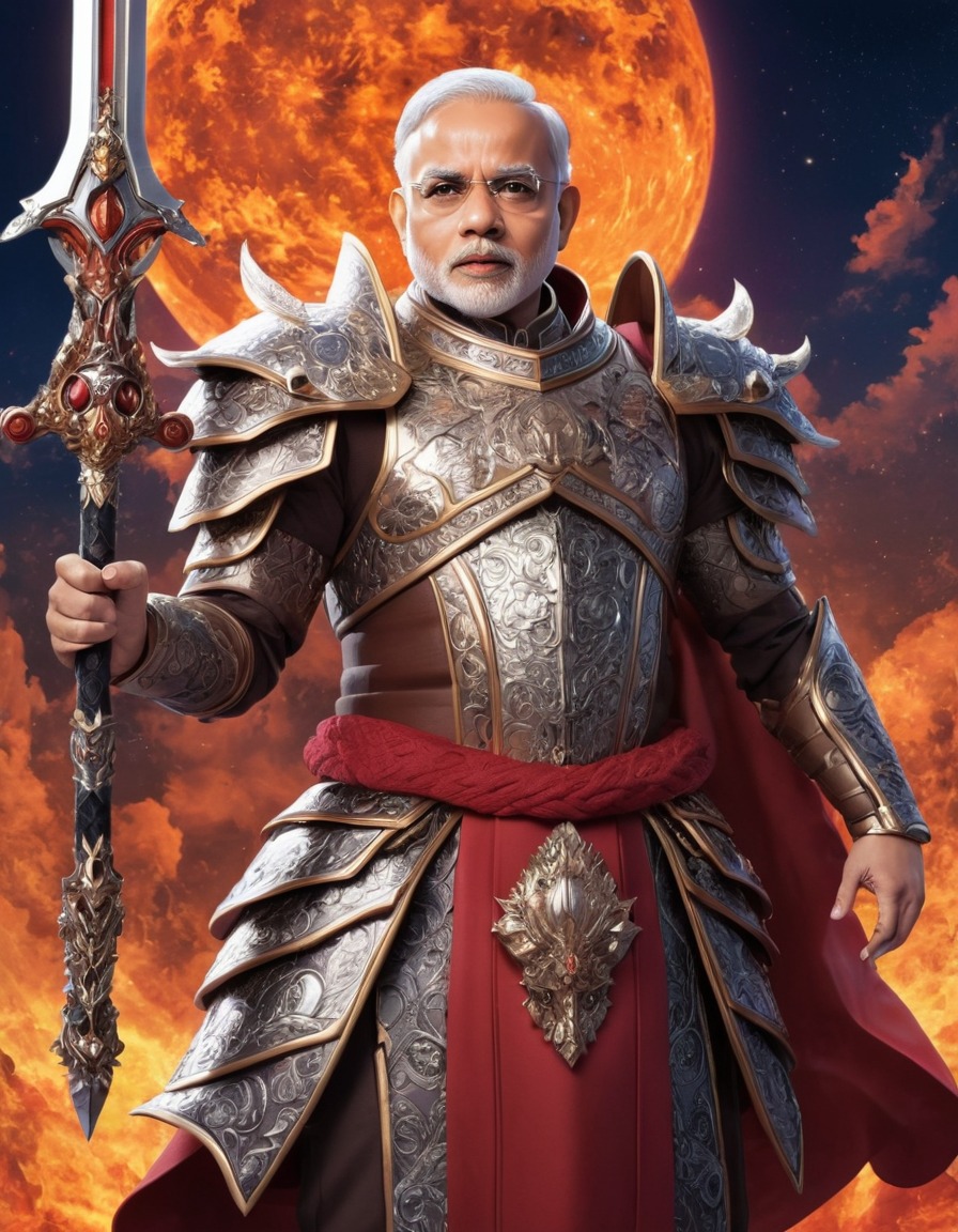 narendra modi, high-fantasy, anime, magical weapon, armor, politics