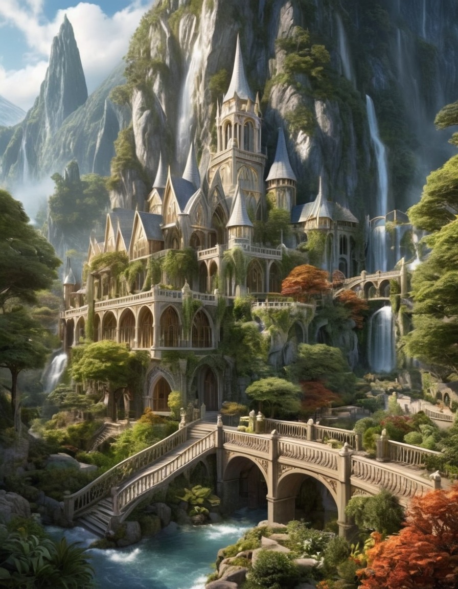 fantasy, elven, architecture, gardens, serene, john tolkien, tolkien