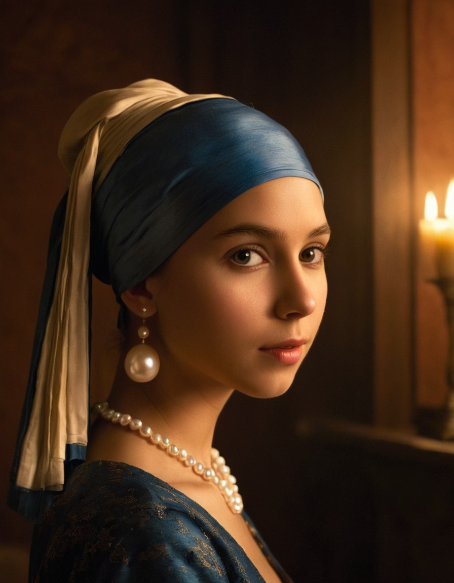 painting, girl, pearl earring, mysterious, dimly lit, soft lighting, books