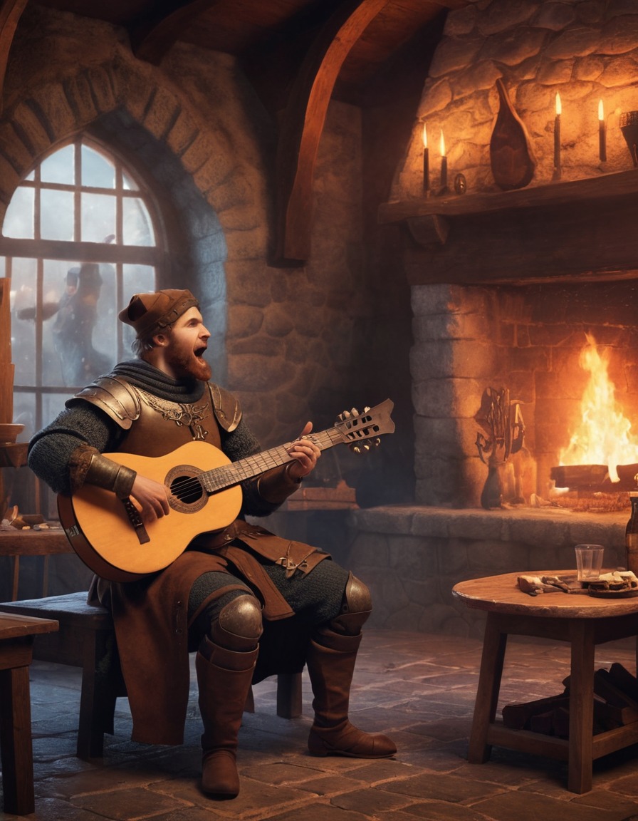 medieval, troubadour, lute, fireplace, tavern, middle ages