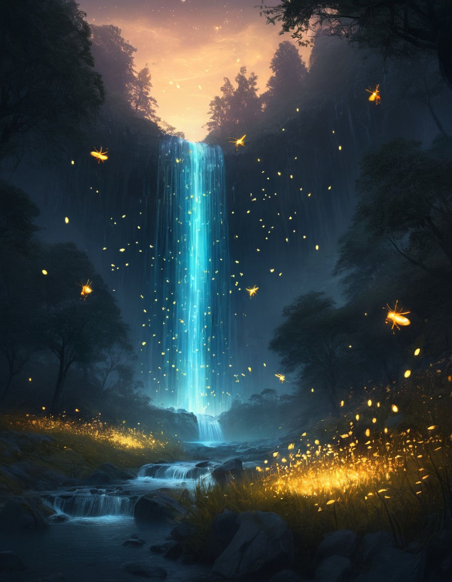 mystical, meadow, fireflies, waterfall, liquid gold, fantastic