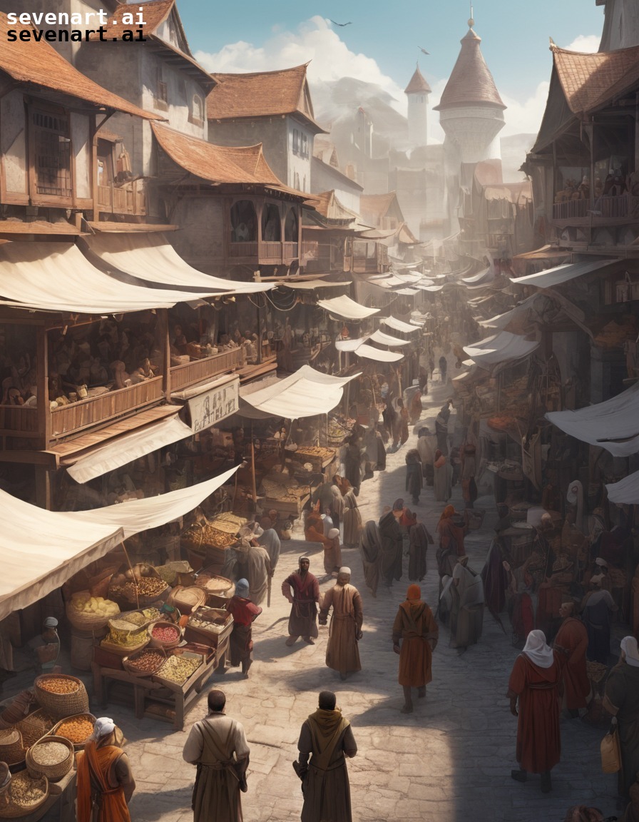 marketplace, bustling, merchants, townspeople, crowd, middle ages