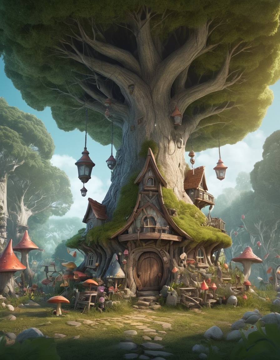 fantasy, gnome, village, tree, whimsical