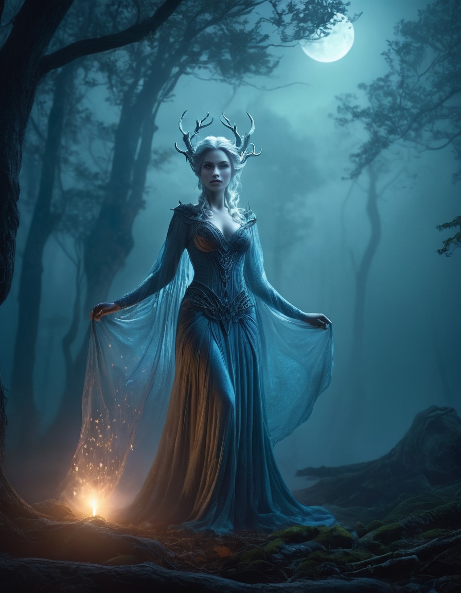 banshee, mystical, mist, moonlit forest, illustration