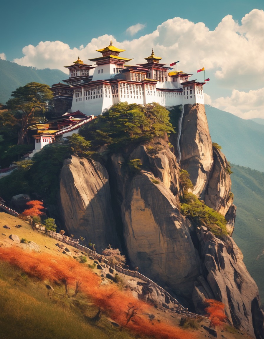 buddhist, monastery, hilltop, prayer flags, serene