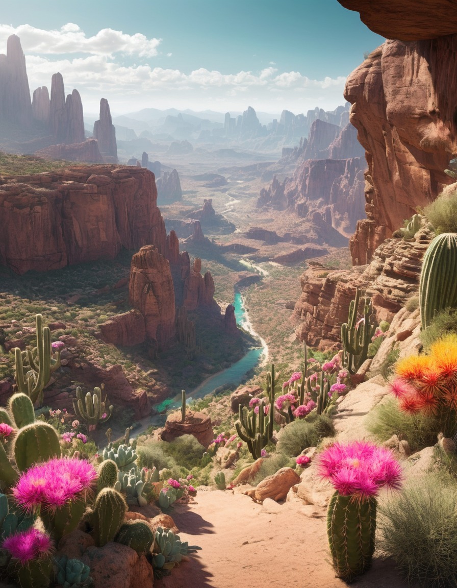 canyon, blooming cacti, panoramic view, nature