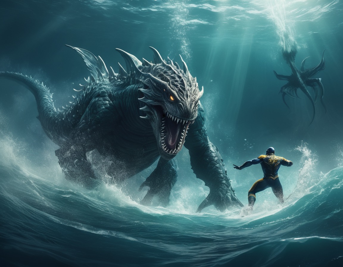 underwater, superhero, sea monster, battle, action, hero