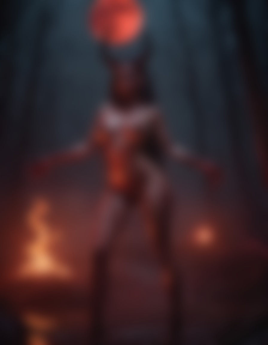 fantasy, demon, seductive, blood moon, torches, dark forest, demon, demonesse, sexy, nsfw, ai, aiart, art, digitalart