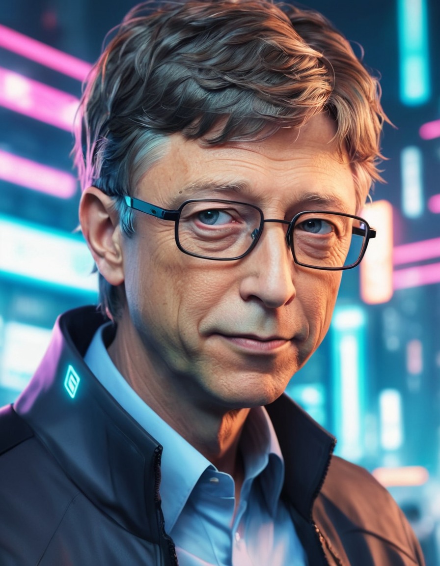 bill gates, anime, cyberpunk, futuristic