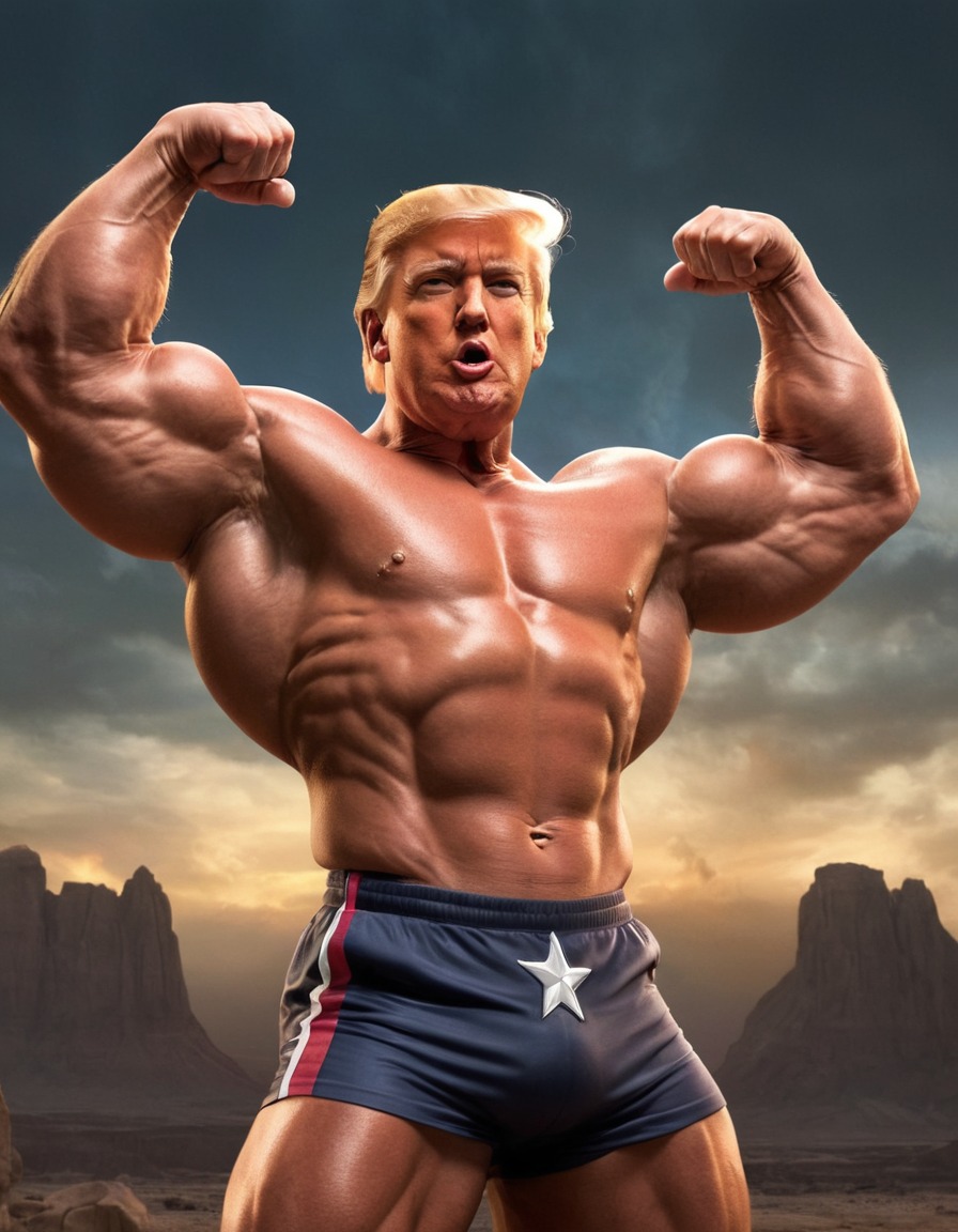 donald trump, bodybuilder, pose, muscles, caricature