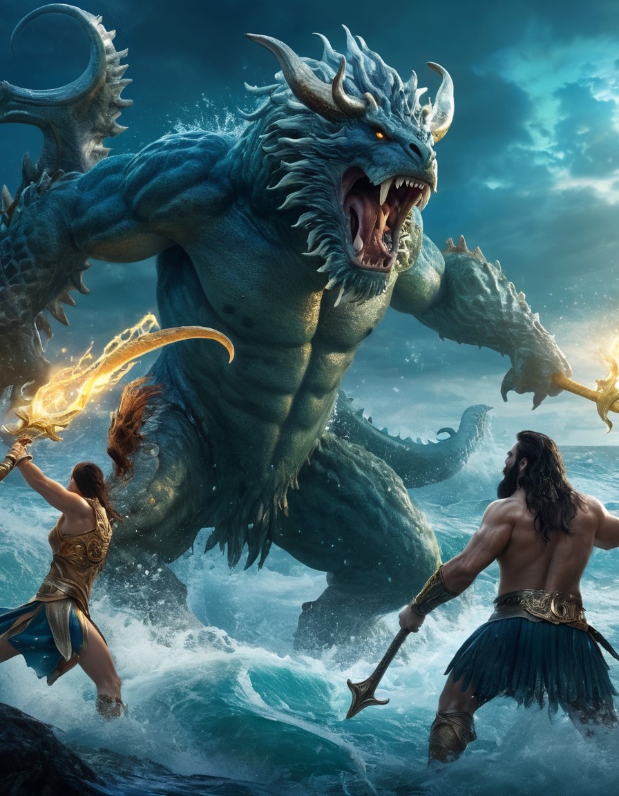 poseidon, epic, fight scene, monsters, greek mythology, deity, sea