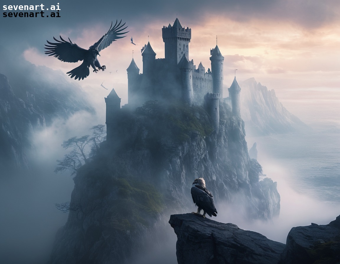 castle, cliff, gryphons, mystical, fog, fantasy