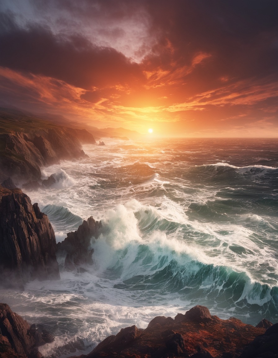 nature, sunset, coastline, waves, dramatic