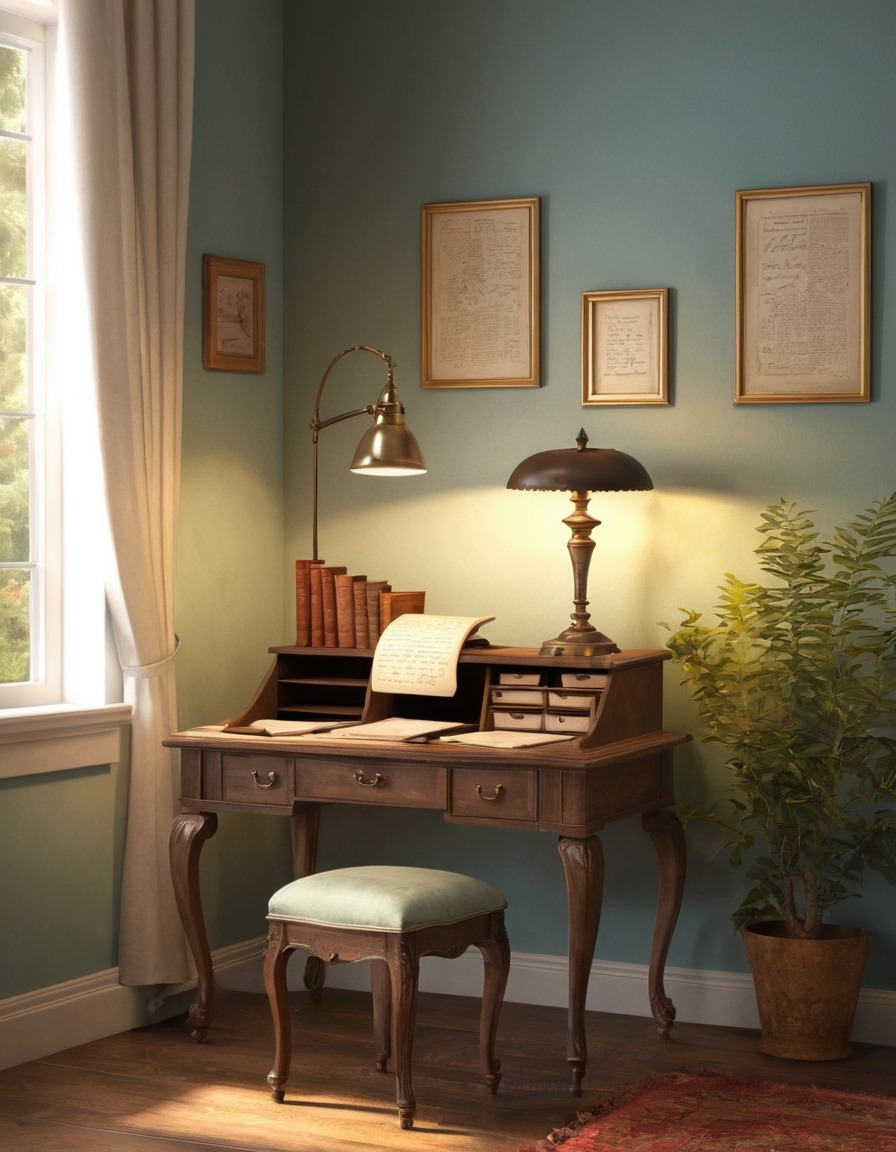 vintage, study corner, writing desk, classic lamp, home, interior