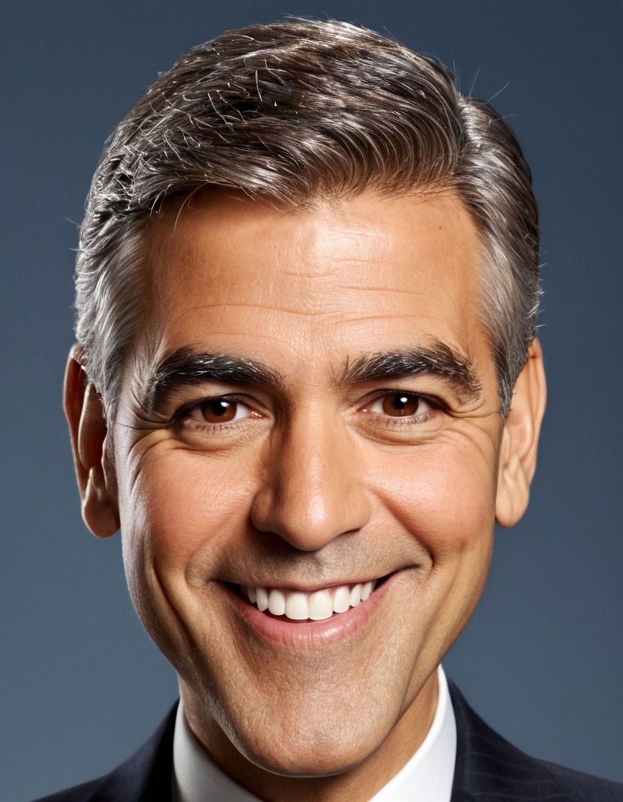 george clooney, caricature, big head, crazy smile, actor, hollywood, satire