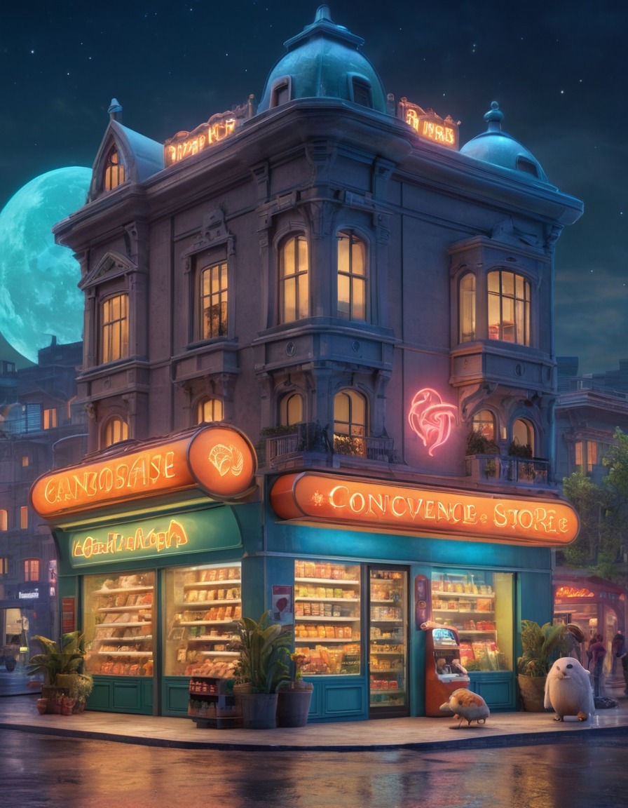 convenience store, fantasy, fictional creatures, big city, urban fantasy