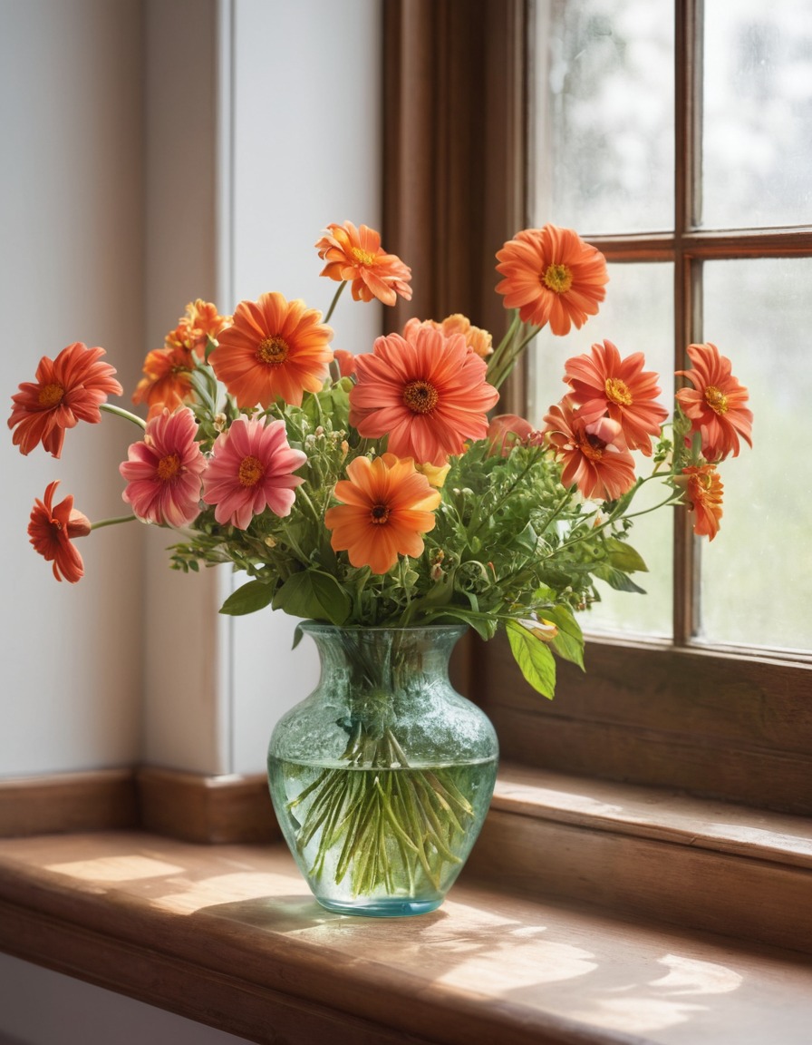 flowers, vase, windowsill, interior design, home, interior