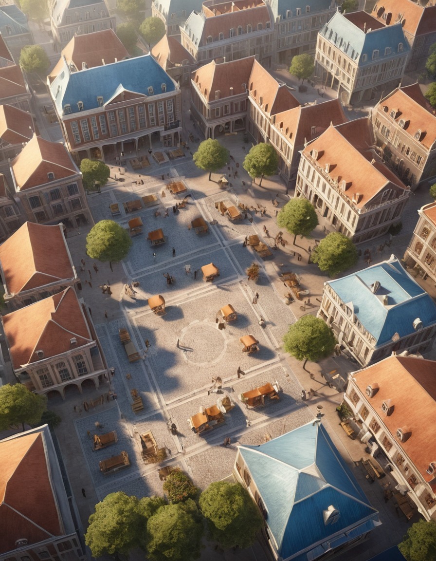 town square, colonial-style buildings, aerial view, urban landscape, architecture