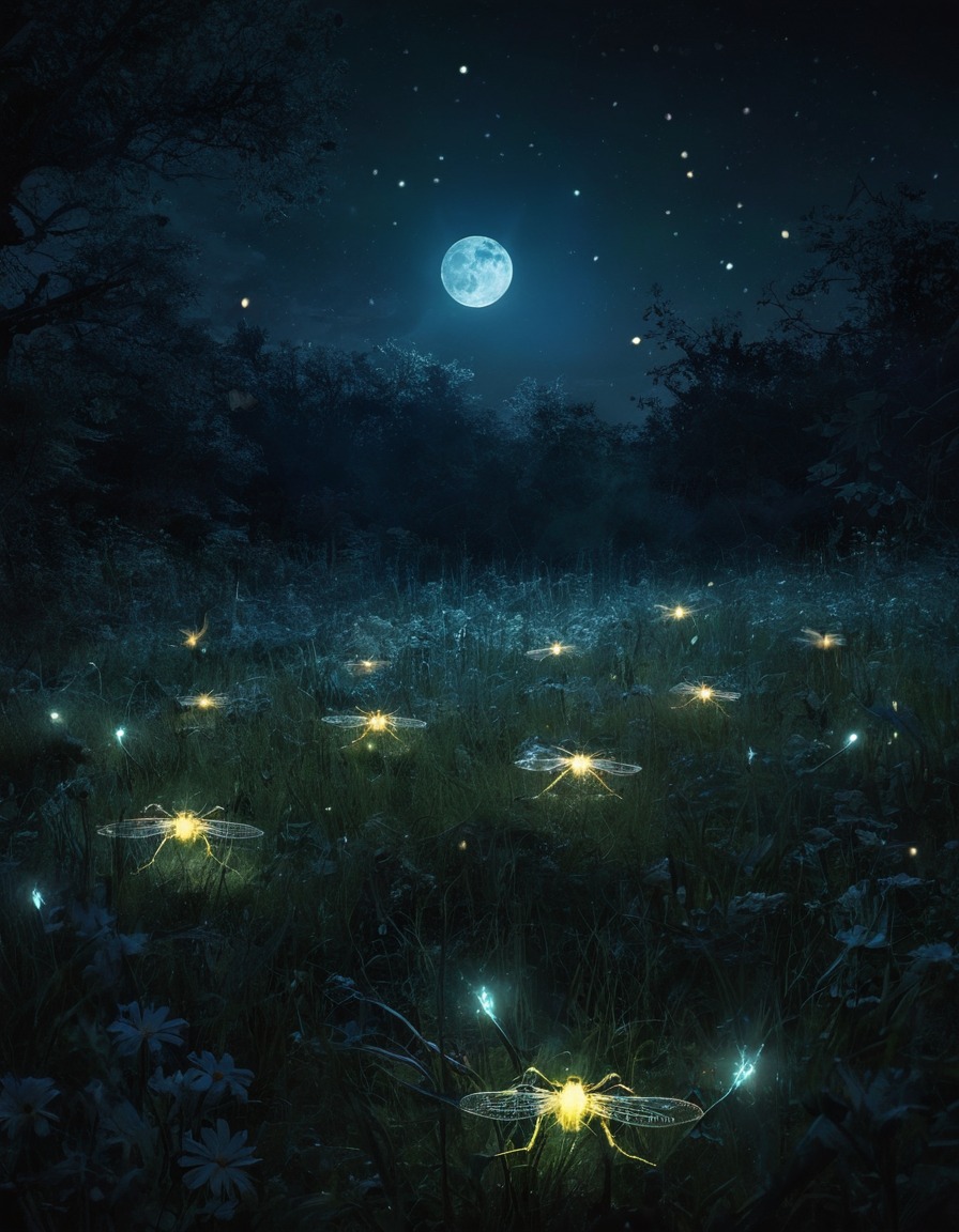 fireflies, glowing, moonlit, meadow, nature, magical, night