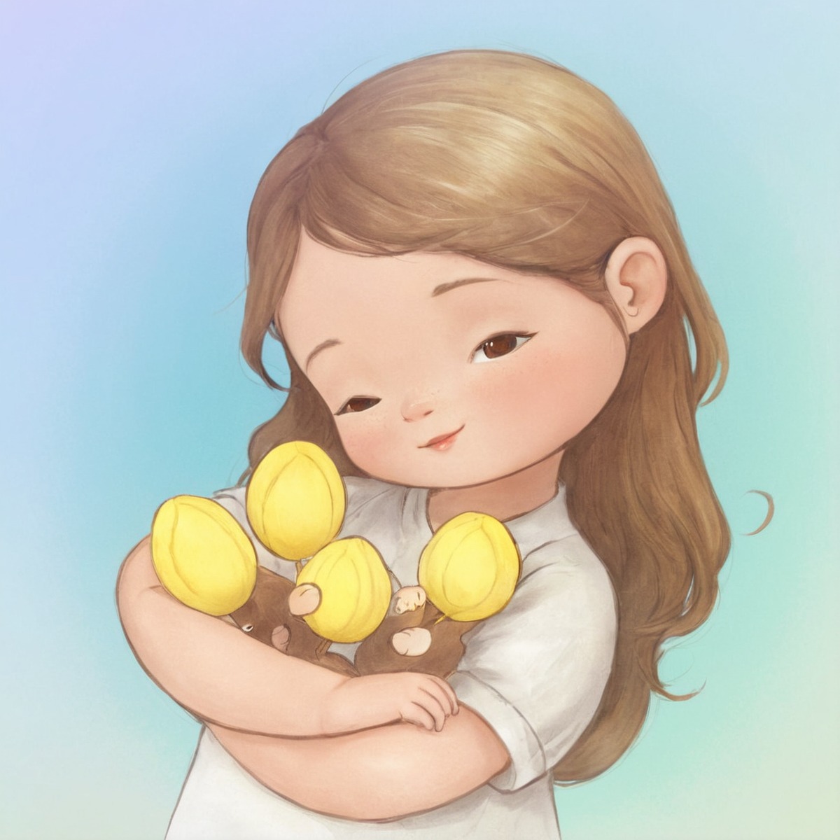 cute, flowers, girl, spring, tulips, yellow, little