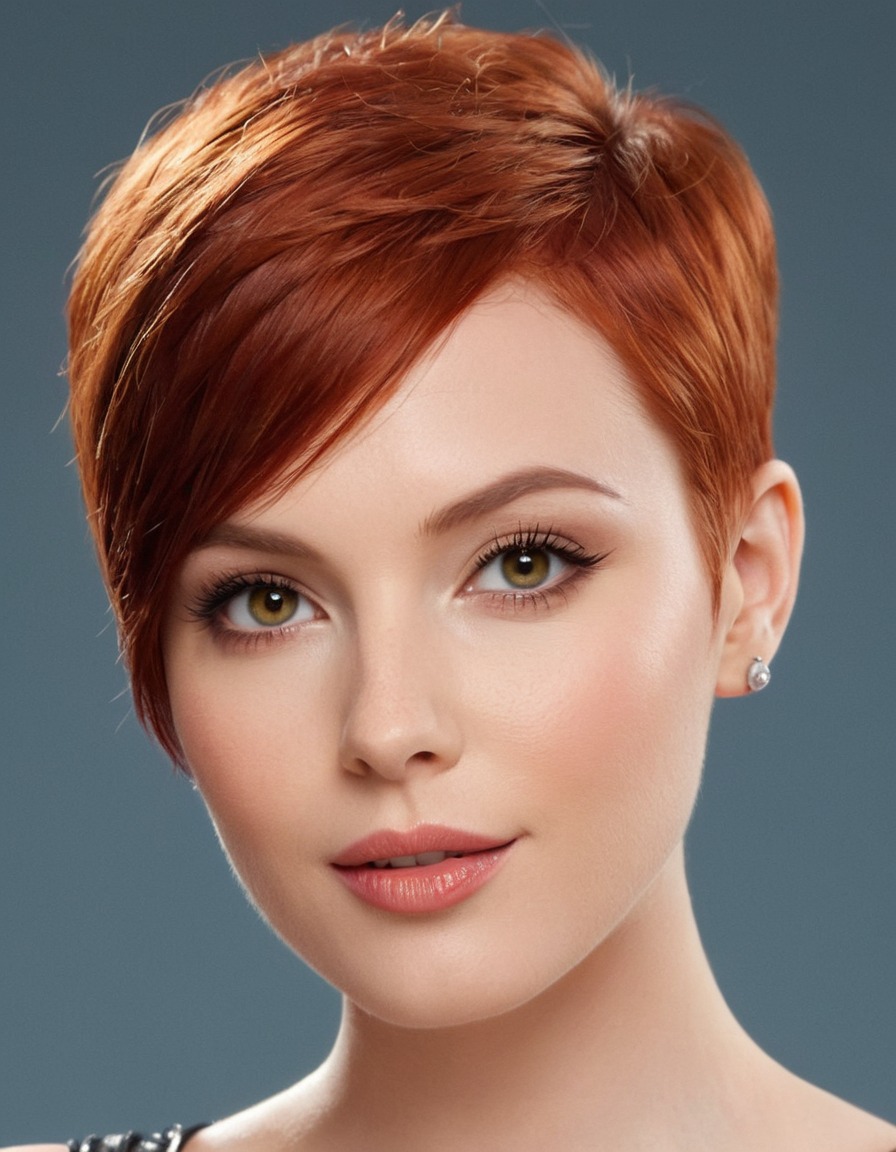 beauty, lady, catlike eyes, red hair, pixie cut, pointed nose, thin lips