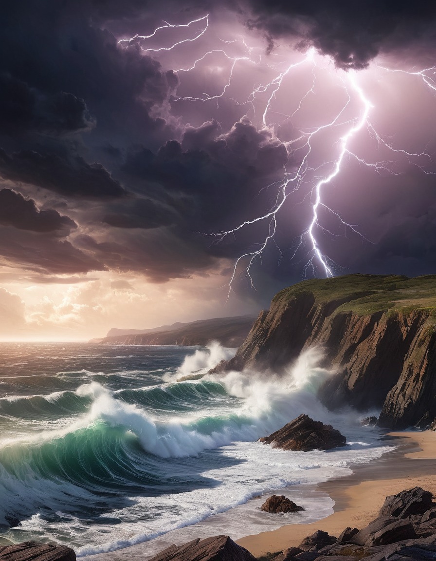 storm, coastline, waves, lightning, nature