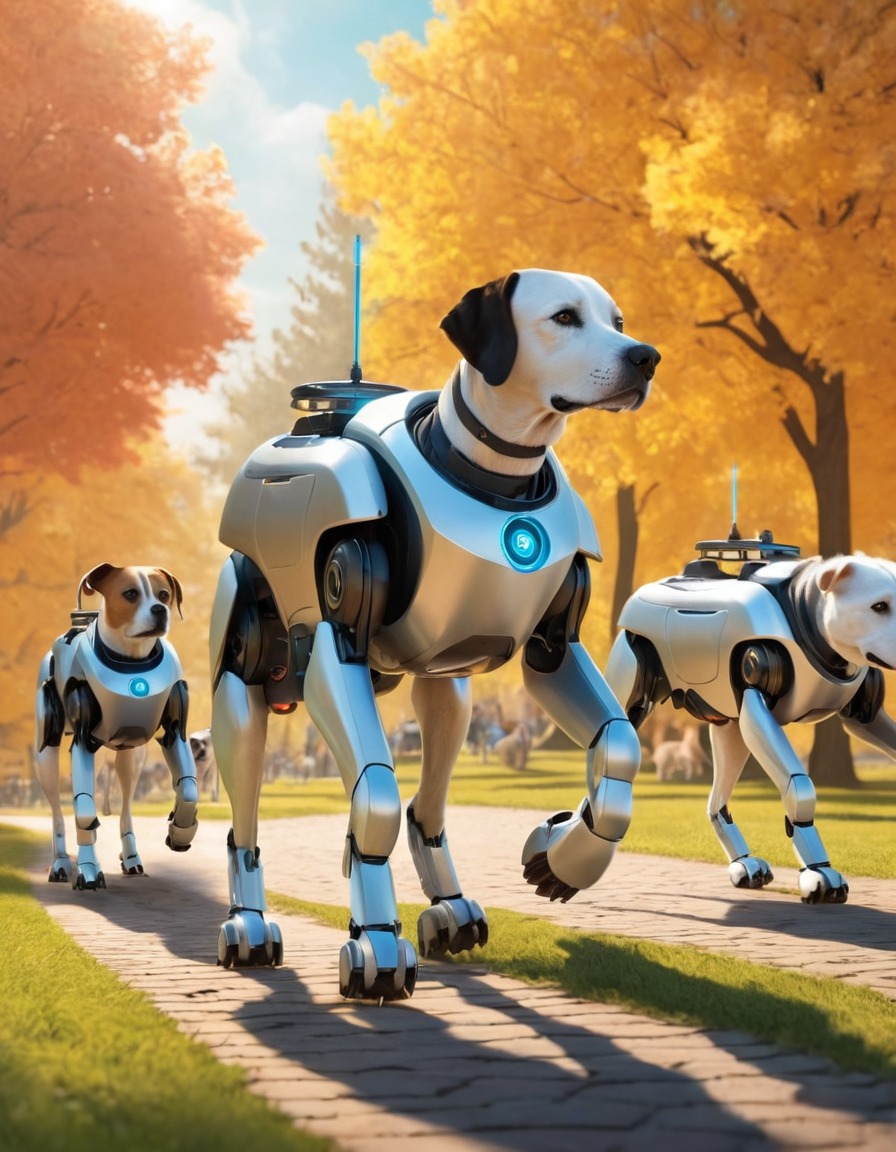 robot, dogs, park, walking, artificial intelligence, futuristic, bizarre