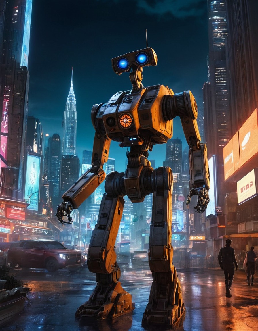 johnny 5, robot, futuristic, cityscape, night, exploration, robots, games, movies