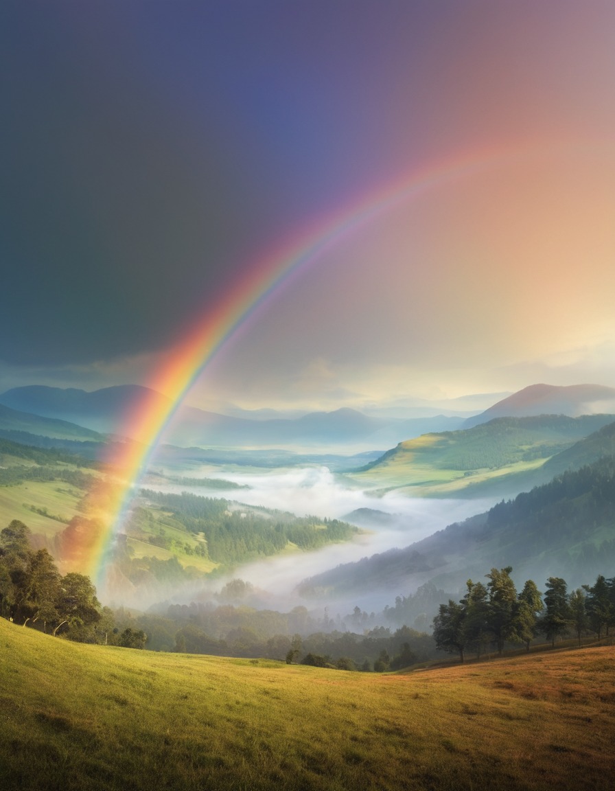 nature, rainbow, misty, valley, morning