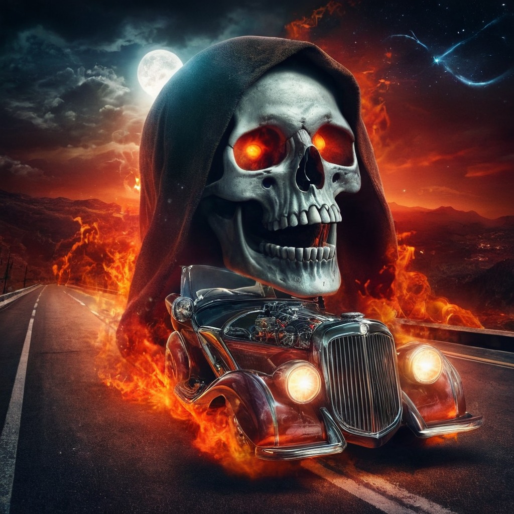 digitalart, horror, photomanipulation, car, skull, spooky, halloween, fantasyart, wallpaper, surreal, gothic, vehicle, highwaytohell