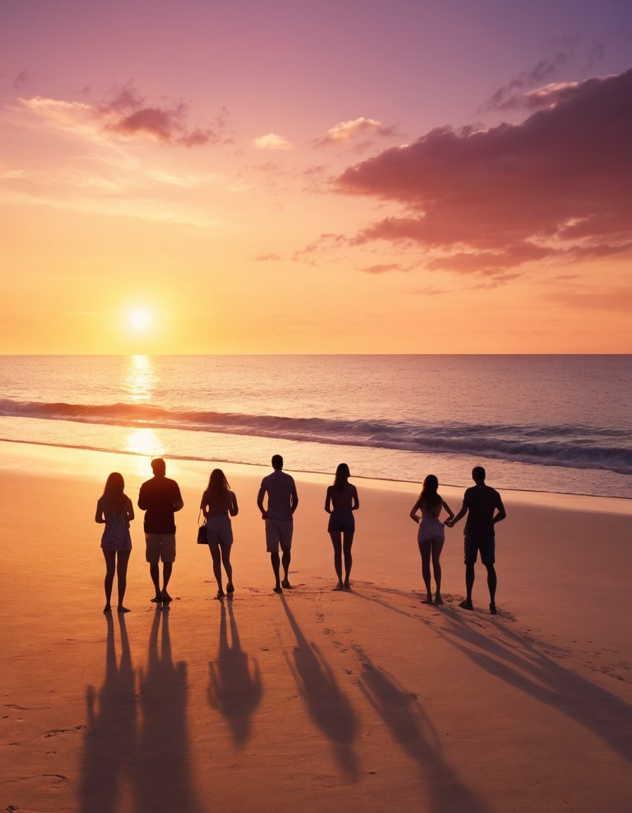 sunset, beach, silhouettes, nature, relaxation