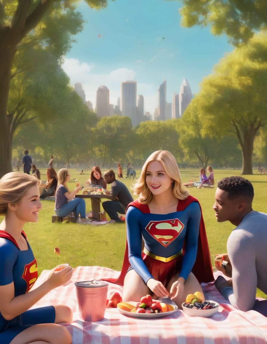 superhero, picnic, park, friends, leisure, superheroine, bikini