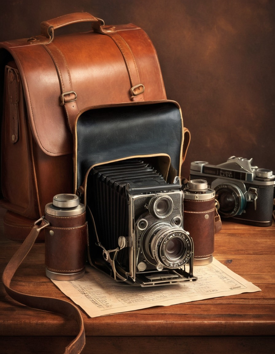 vintage, film camera, wooden table, old film rolls, leather camera bag