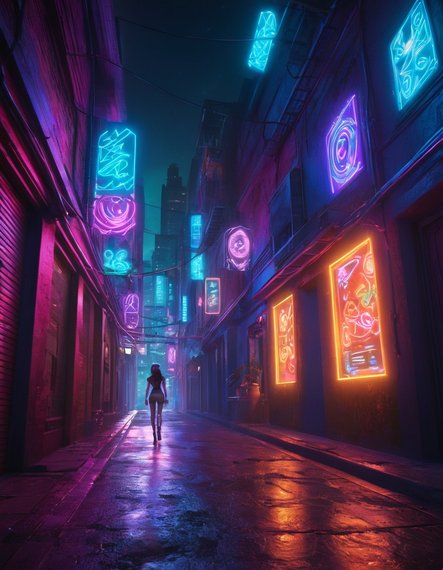 cybernetic, futuristic, enhanced, alleyway, neon-lit, computer games