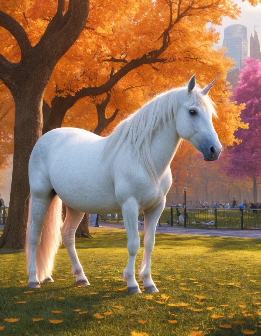 unicorn, city park, strange, fantasy, mythical creature, urban wildlife