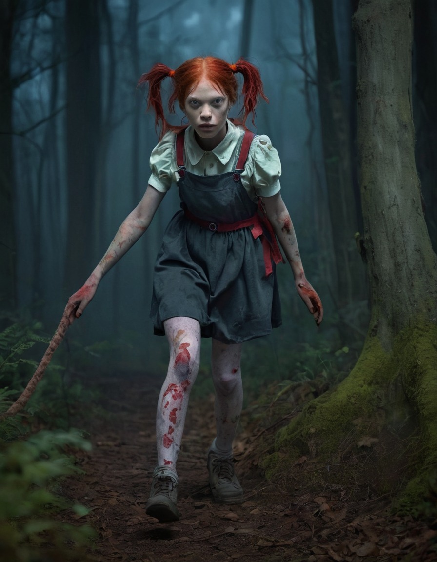 pippi longstocking, red hair, mismatched clothing, spooky forest, zombie, fantasy, adventure