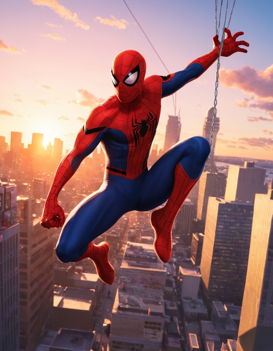 spider-man, superhero, cityscape, skyline, sunset, anime, marvel