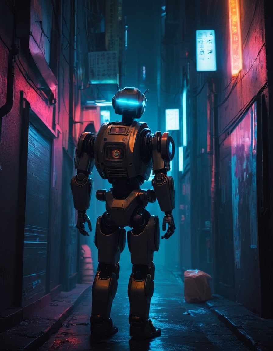 robot, detective, mystery, cyberpunk, alleyway, robots