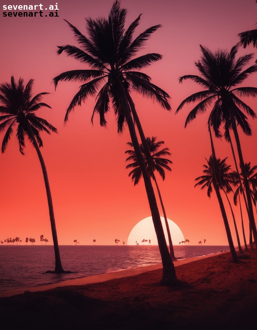 sunset, palm trees, sky, contrast, silhouettes