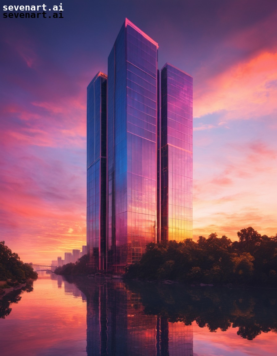 skyscraper, sunset, reflection, river, urban landscape