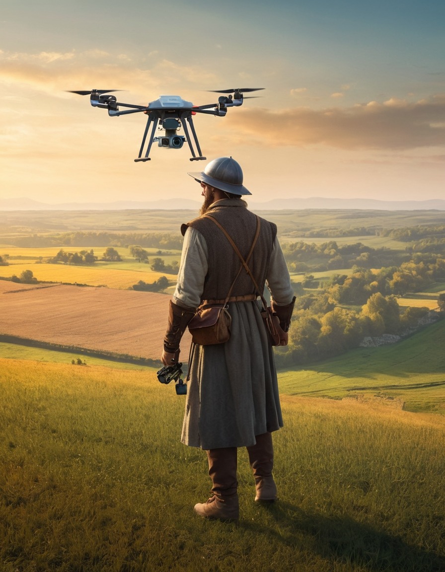 medieval, peasant, drone, fields, technology, art