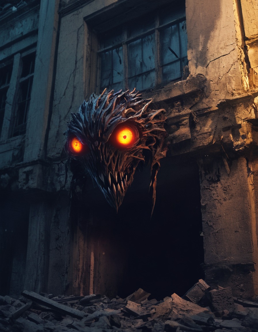 mutated creature, lurking, shadows, glowing eyes, crumbling building, fallout, games, tv shows, amazon prime