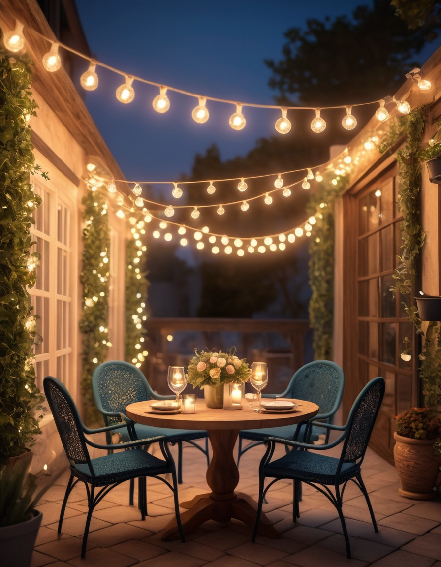 patio, romantic, dinner setting, outdoor, twinkling lights, home, interior