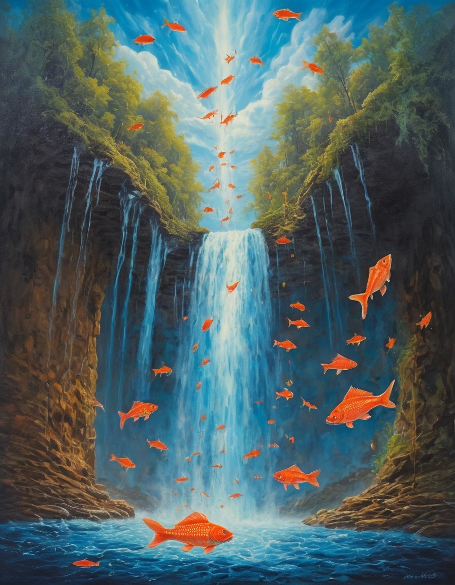 waterfall, nature, fish, gravity, surrealism, surreal