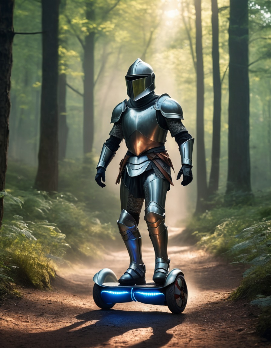 knight, armor, hoverboard, medieval forest, medieval, art