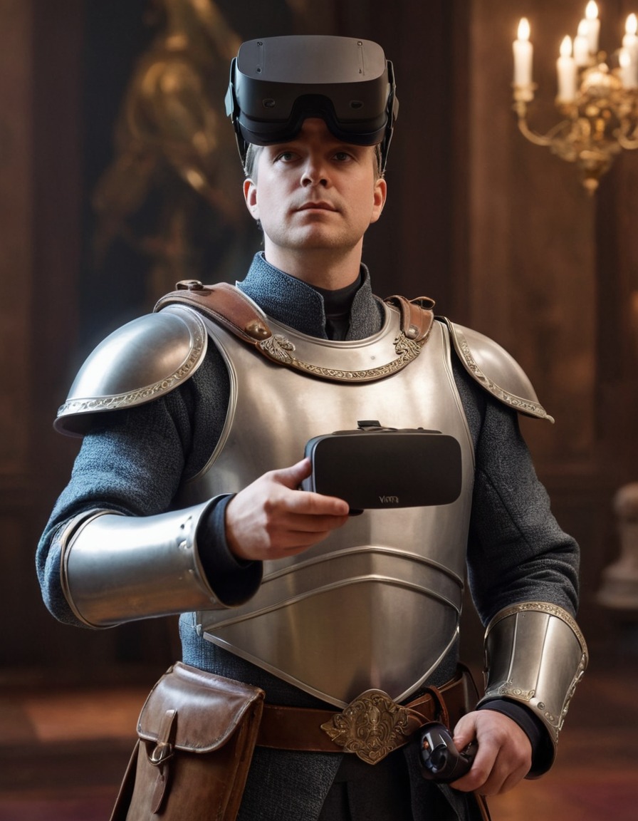 court painter, nobleman, armor, virtual reality, headset, modern art, medieval, art