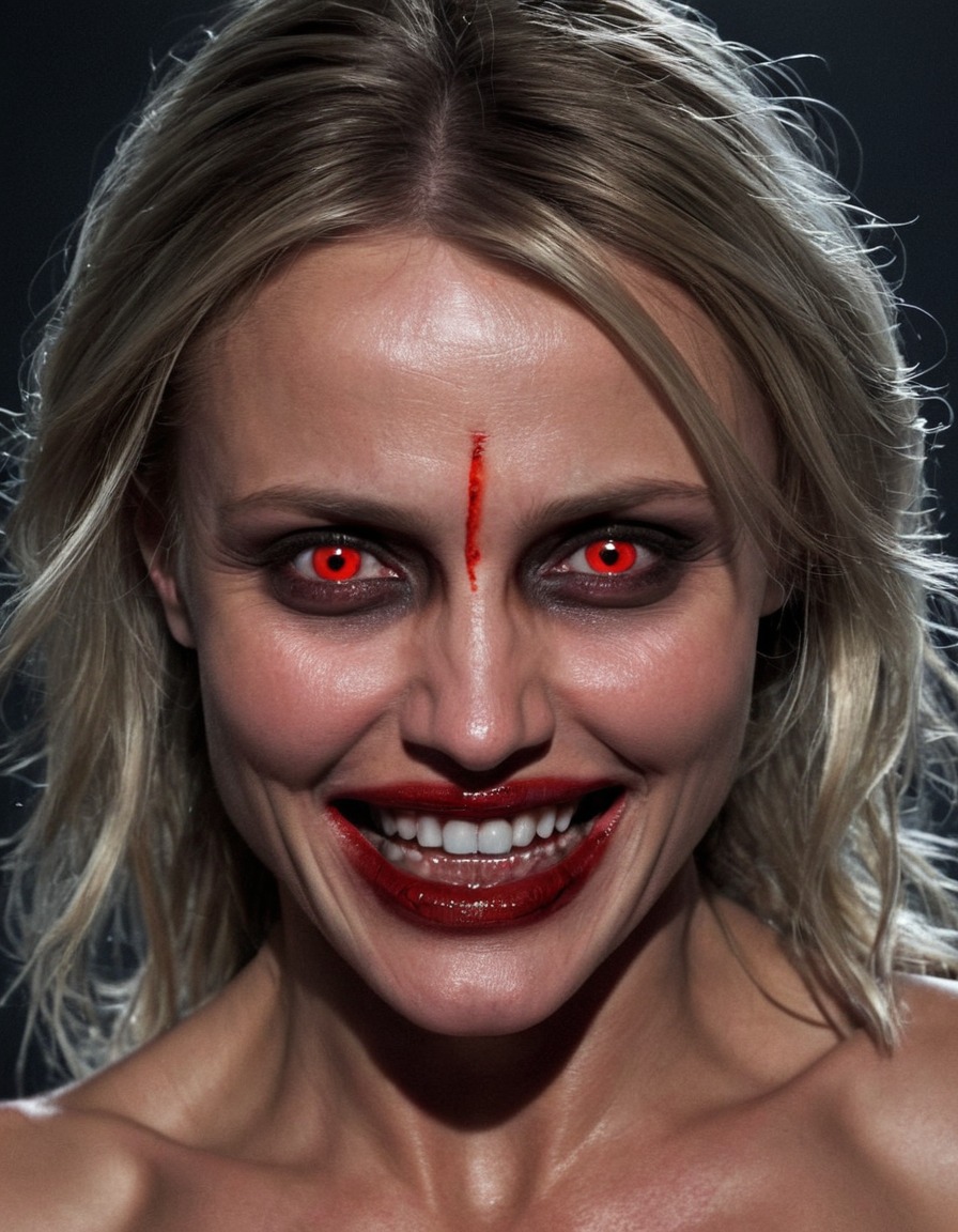 cameron diaz, actress, sinister, glowing eyes, malevolent grin, dark, evil