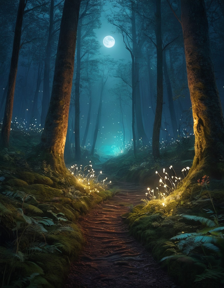 mysterious, forest, night, will-o'-the-wisps, ethereal, fantasy